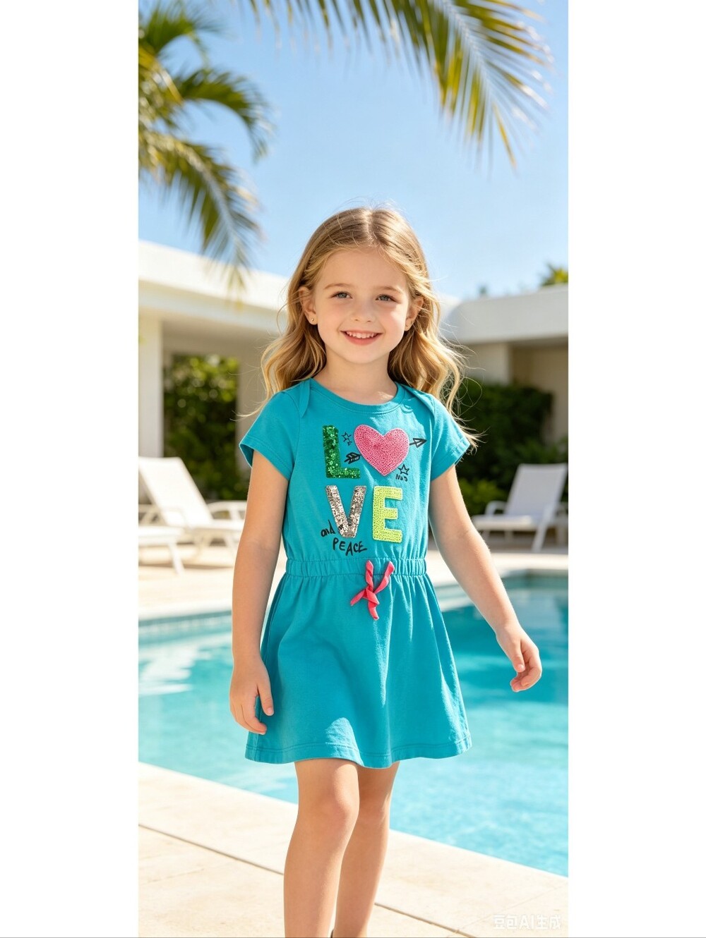 3/25 French brand ikks little girl Blue Love Graphic T-Shirt Dress